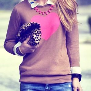 Stylish tan with pink heart lightweight sweater